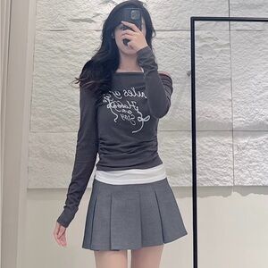 Y2K Off Shoulder Long Sleeve Top – Faux Layered, Slim Fit, Size S